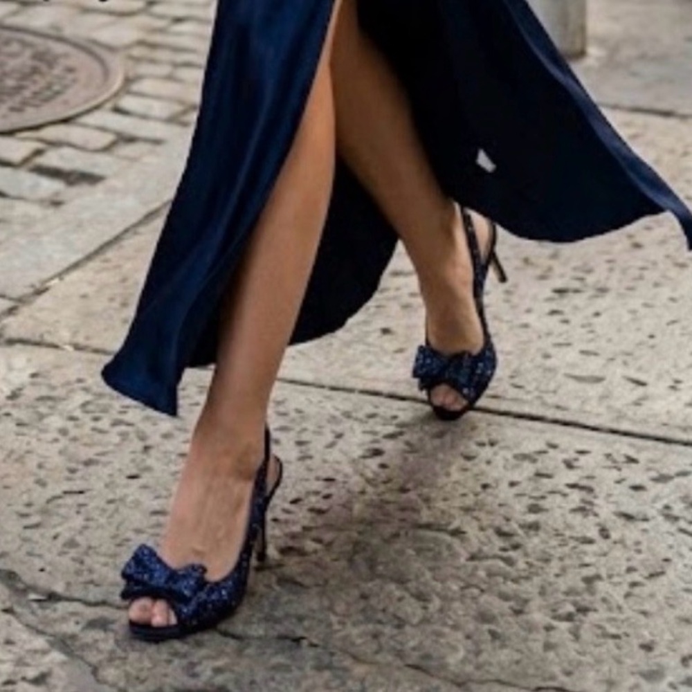 KATE SPADE Navy Glitter Blue Bow Slingback Charm Heels 8 designer glam couquette